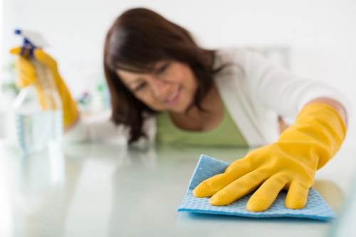 Professional cleaners maintaining a local office interior